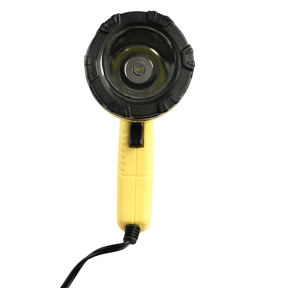 Yellow handheld spotlight with black bezel.