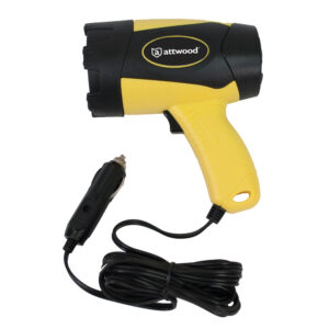 Yellow portable spotlight with car charger plug.