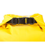 Yellow dry bag with black buckle closure.