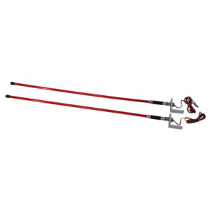 Two red fiberglass telescopic poles with hooks and cables.