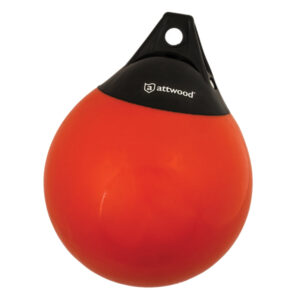 Red marine buoy with black top and logo