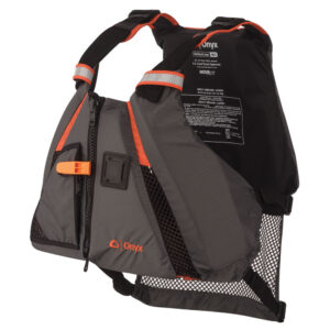 Gray life vest with orange accents for safety.