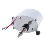 White electric motor with wires and metal shaft.
