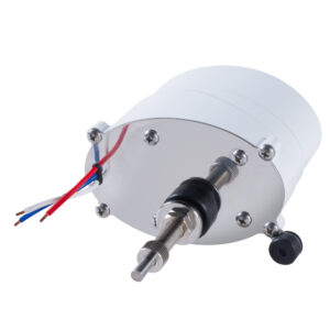 White electric motor with wires and metal shaft.