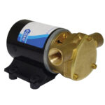 Marine pump with brass fittings and black casing.