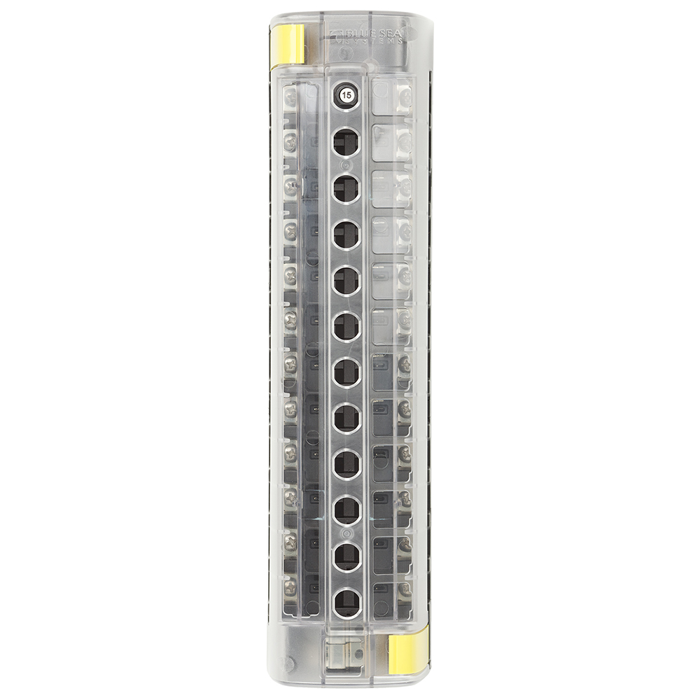Clear marine electrical fuse block for boats.