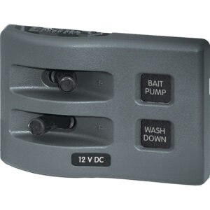Gray dual switch panel for bait pump, wash down.