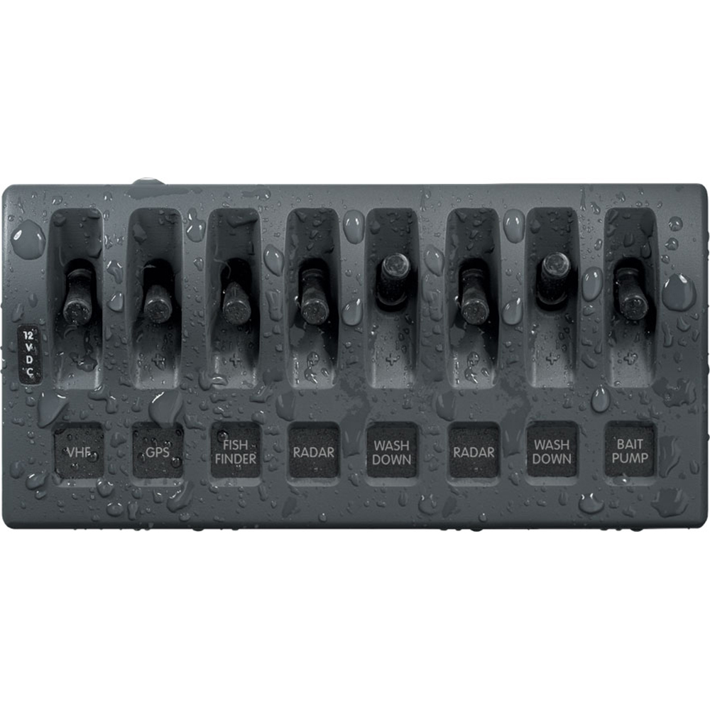 Wet marine switch panel with labeled toggles.
