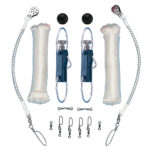 Fishing gear components set with rods and accessories.