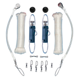 Fishing gear components set with rods and accessories.
