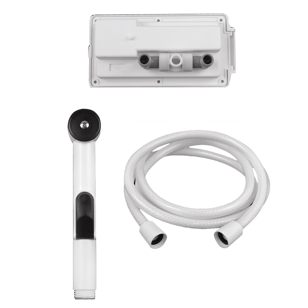 Handheld showerhead with hose and mounting hardware.