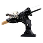 Fishing rod holder with reel attached.