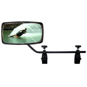Waterskiing image reflected in a rearview mirror.
