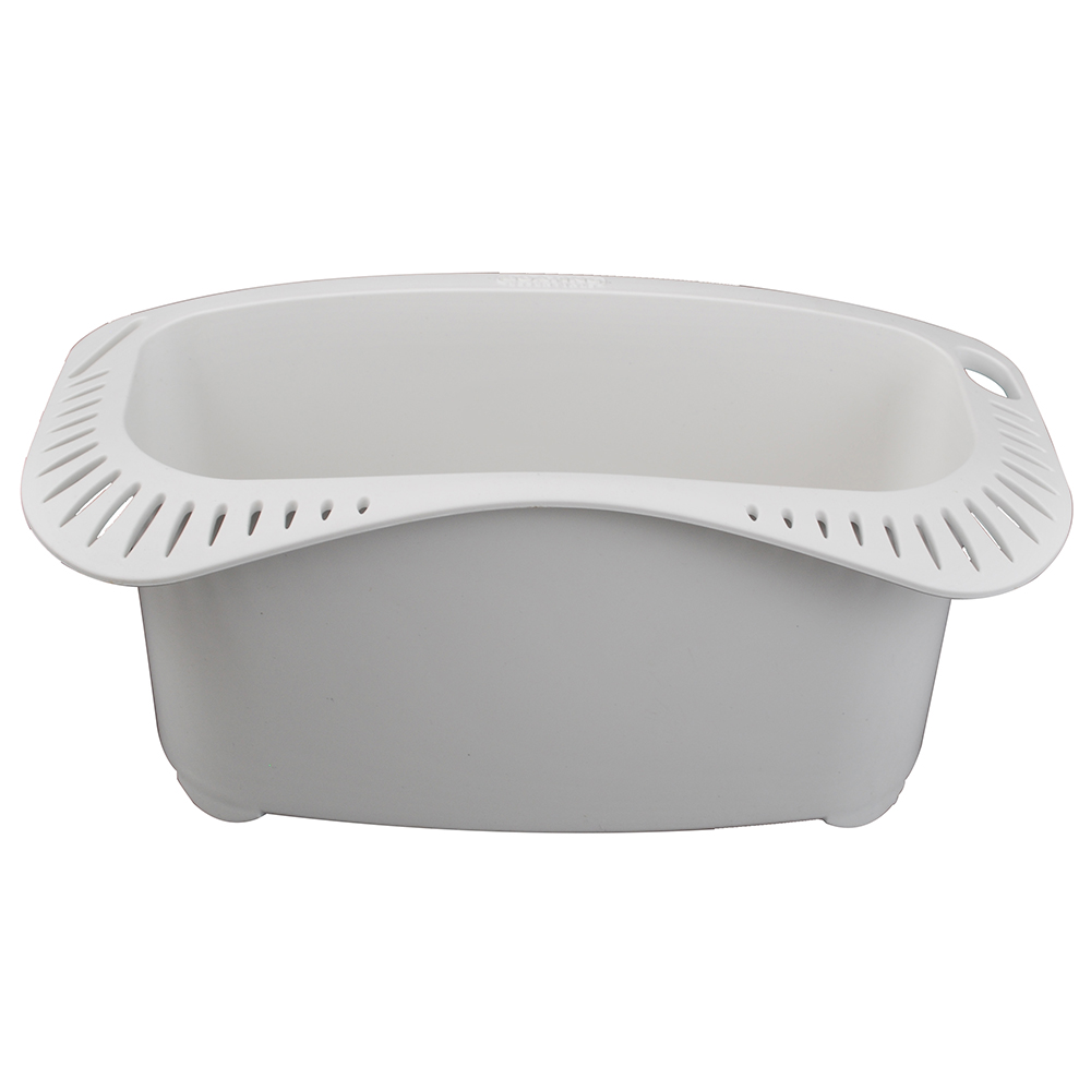 White plastic dishpan with integrated strainer