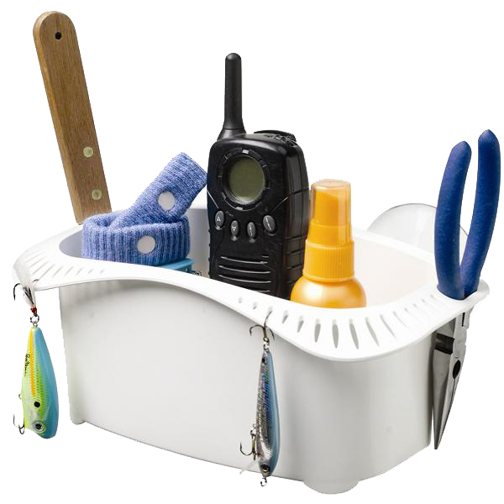 Fishing tackle box with tools and accessories.