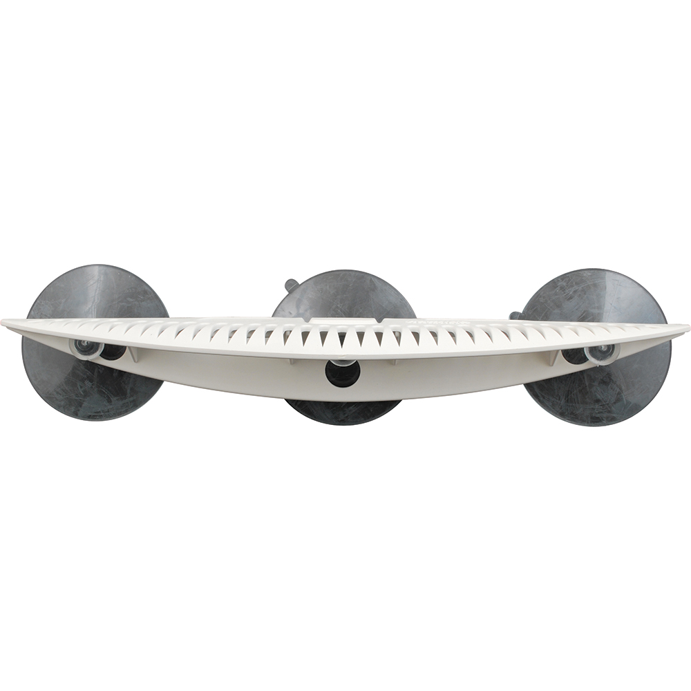 White surfboard with three suction cups attached.