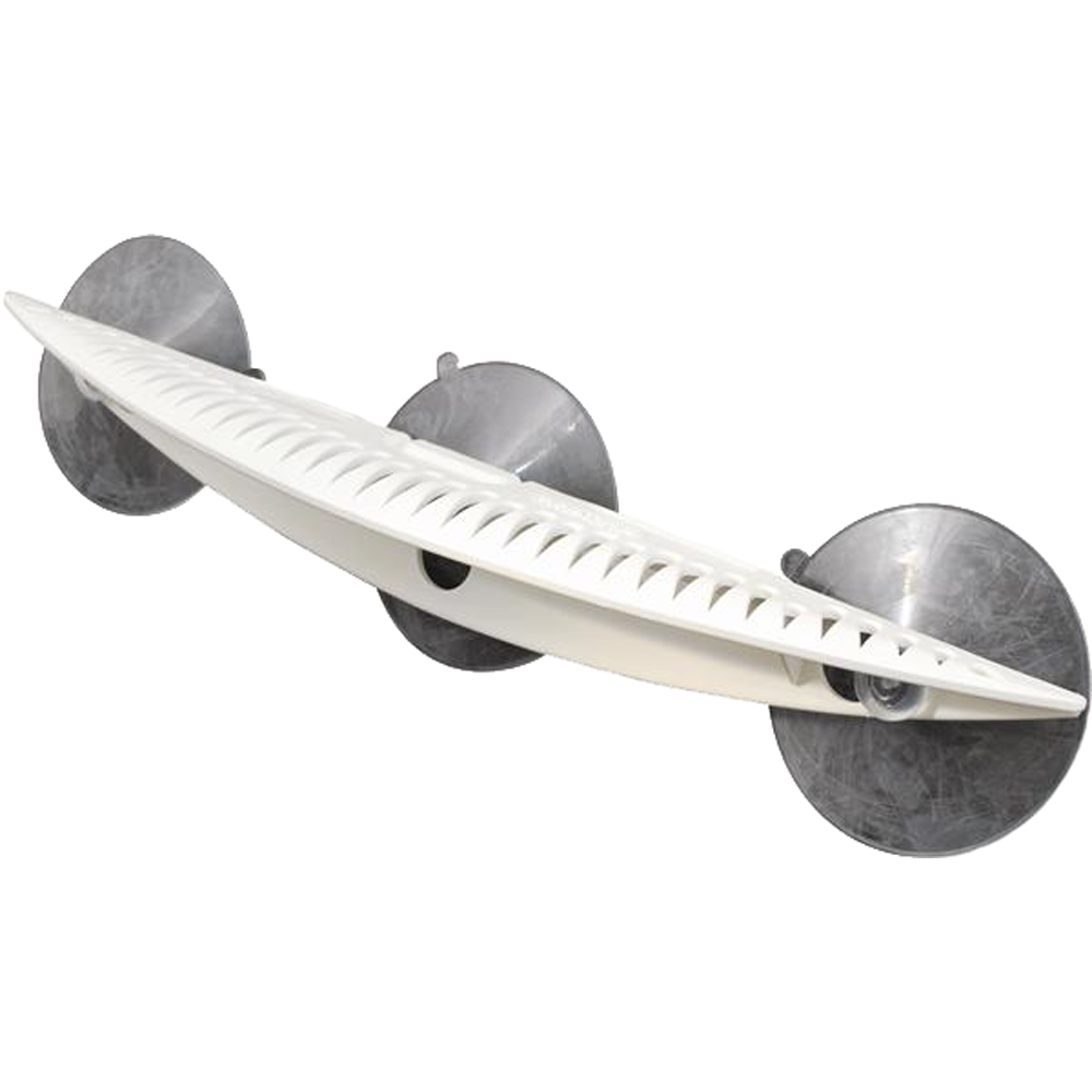 White kayak roof rack with suction cups.