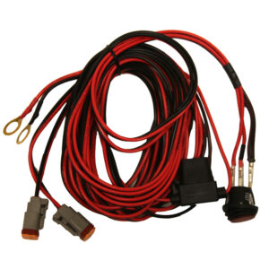 Red and black electrical wiring harness with connectors.