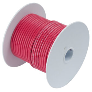 Red electrical wire spool on white background.
