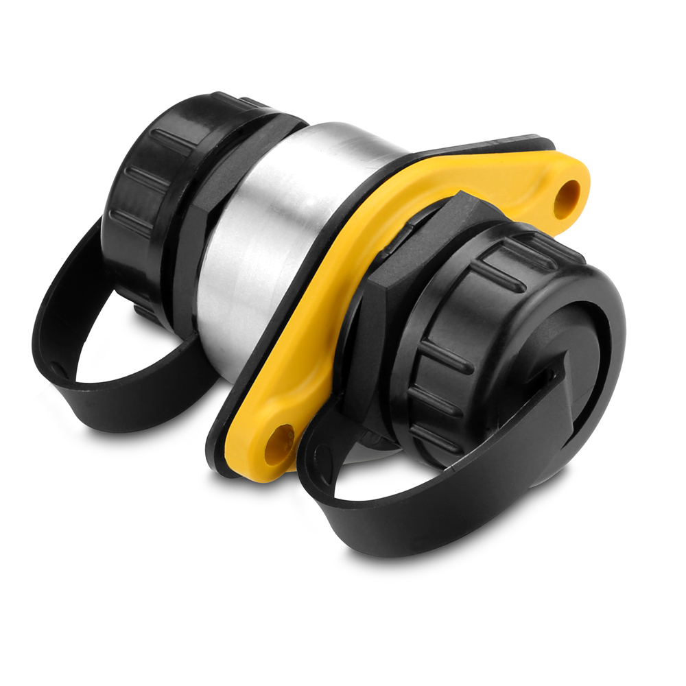 Industrial electrical plug adapter in yellow and black.