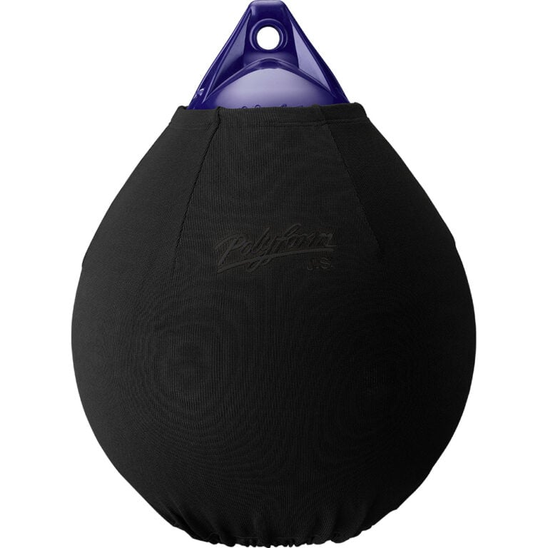 Black boat fender with a purple top handle.