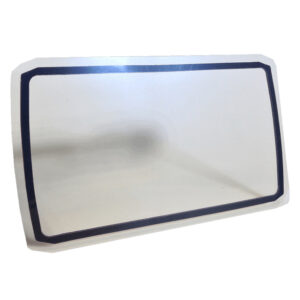 Rectangular silver cake board with black trim.