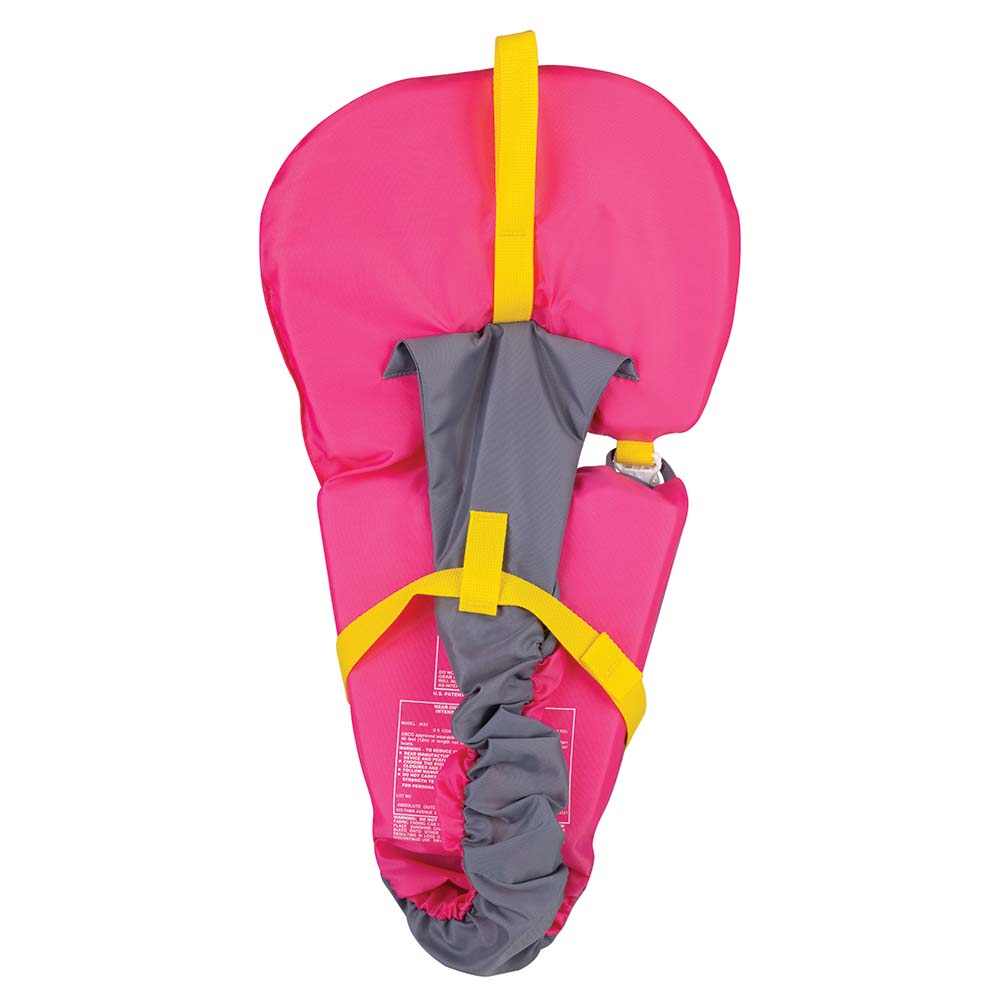 Pink and gray life jacket with yellow straps.