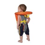 Child wearing orange life jacket