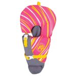 Pink striped infant life jacket for watersports safety.