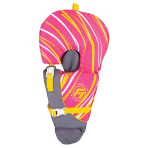 Pink striped infant life jacket for watersports safety.