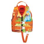 Orange dinosaur-themed children's life jacket with straps.