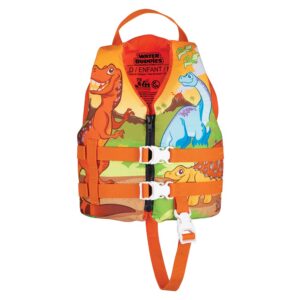 Orange dinosaur-themed children's life jacket with straps.