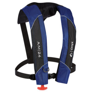 Blue and black inflatable life vest for safety