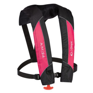 Red and black inflatable life jacket