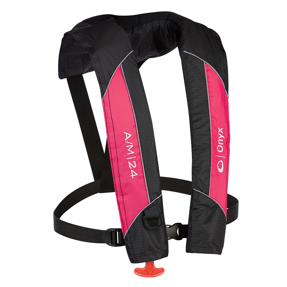Red and black inflatable life jacket