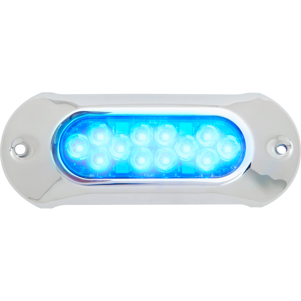 Blue LED boat transom light with chrome finish.