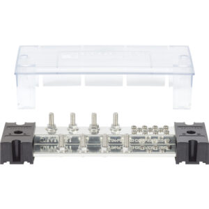 Marine busbar with cover for electrical connections.
