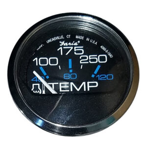 Boat engine temperature gauge showing 40 to 250 degrees.