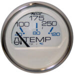 Analog temperature gauge showing degrees Fahrenheit and Celsius.