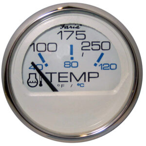 Analog temperature gauge showing degrees Fahrenheit and Celsius.