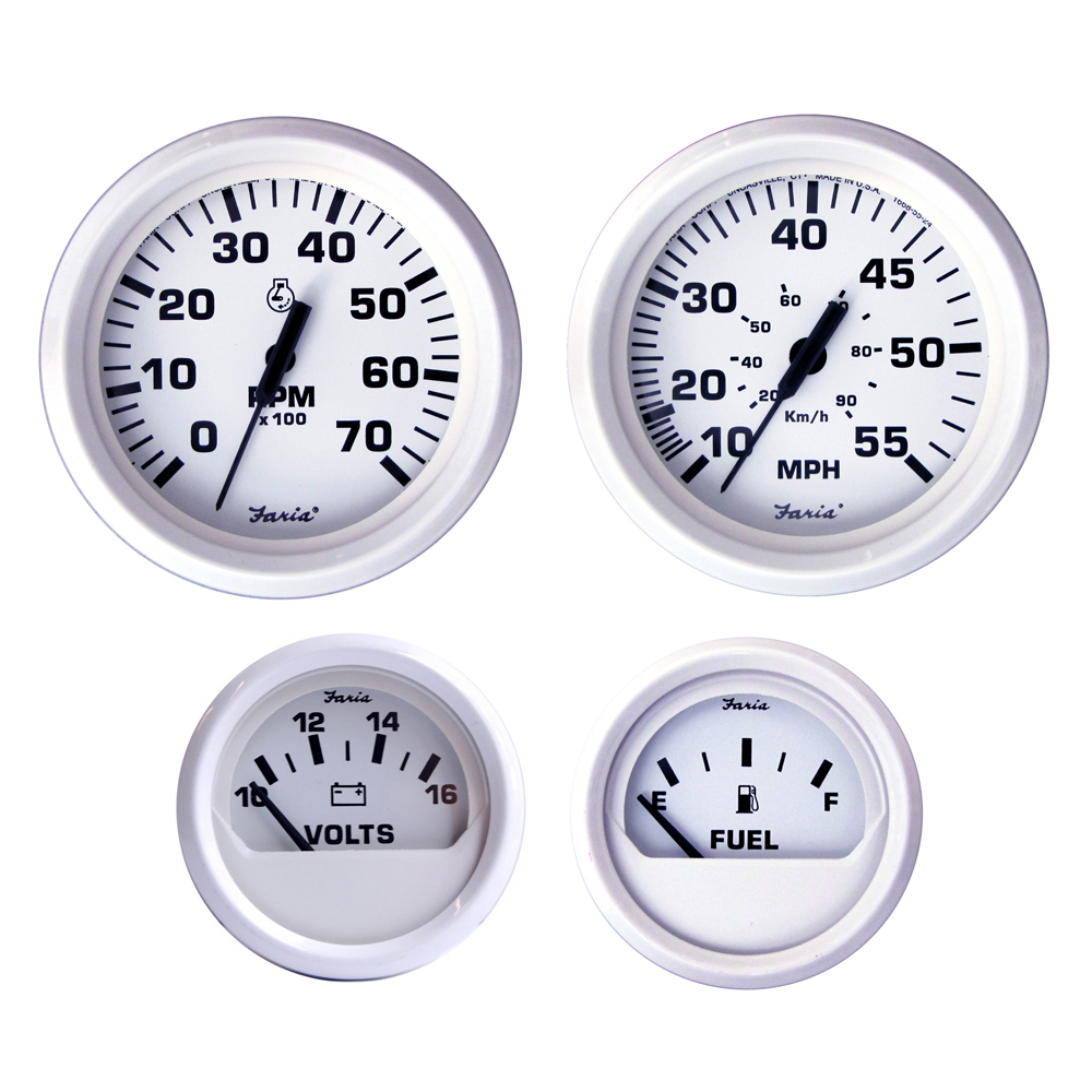Set of vehicle gauges for RPM, speed, volts, fuel.