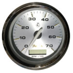 Silver tachometer displaying RPM measurements.