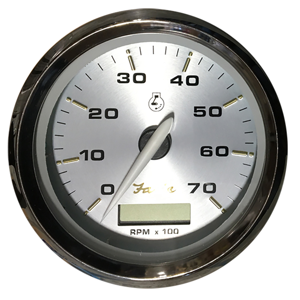 Silver tachometer displaying RPM measurements.