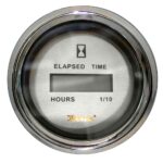 Elapsed time hour meter gauge with silver casing.
