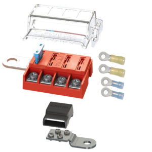 Marine fuse kit with connectors and cover.