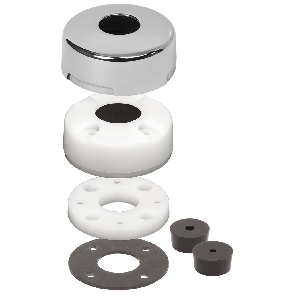 Exploded view of a chrome plumbing drain assembly.
