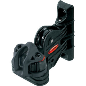 Black sailing deck hardware with pulley and cleat