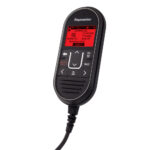 Black handheld marine radio with red distress screen.