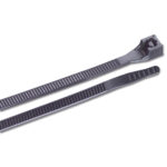 Black nylon cable ties on white background.