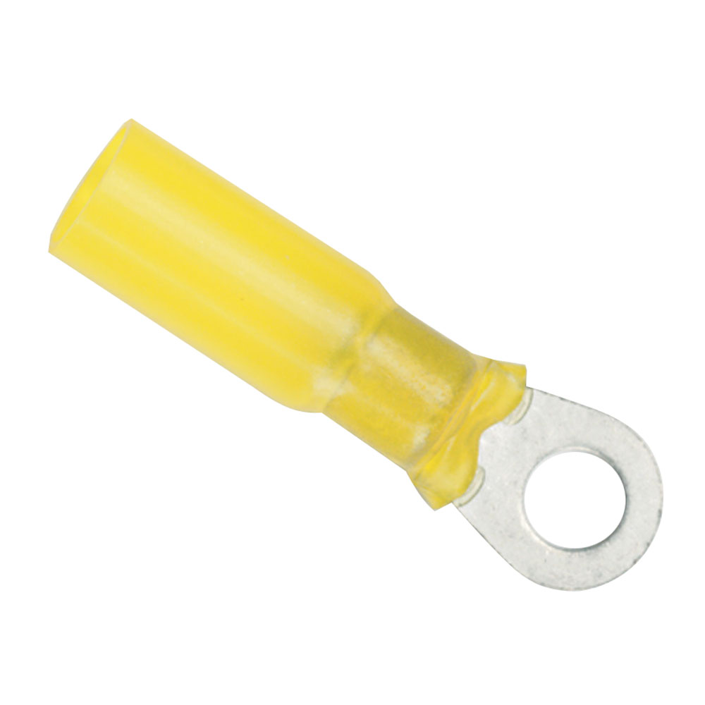 Yellow electrical ring terminal connector isolated on white.